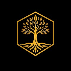Golden Tree of Life Logo: Elegant gold tree logo design in a hexagon frame, symbolizing growth, nature, and prosperity. Perfect for eco-friendly businesses, family crests, or spiritual branding. 