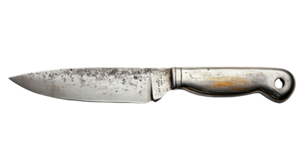 A well-worn kitchen knife resting on a clean white background, reflecting years of culinary use