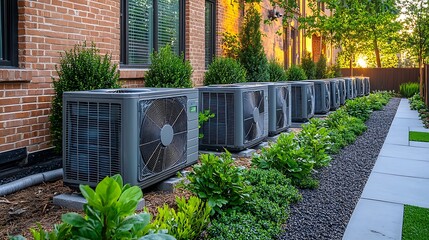 Obraz premium Several modern heat pump units are mounted on the exterior wall of a building, with a backdrop of lush green foliage and a hint of autumnal color.