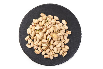 Pistachio nuts, isolated on white background. Close-up.