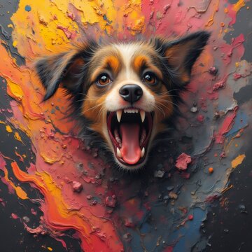 Retrato din&aacute;mico de perro con boca abierta sobre fondo abstracto colorido.
