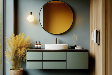 Modern Bathroom Vanity with Round Mirror and Greenery