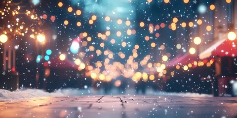 Obraz premium Blurred glowing lights on snowy city streets, creating a cozy wintery urban backdrop with warm and tranquil ambiance, style book illustration