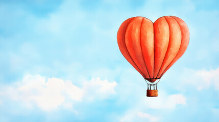 Fototapeta premium vibrant orange hot air balloon shaped like heart floats against blue sky with fluffy clouds, evoking sense of joy and adventure. Valentines Concept