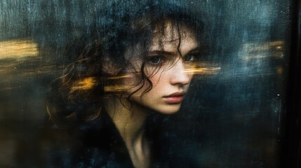 Fototapeta premium Pensive Young Woman with Bokeh Effect in Urban Setting 