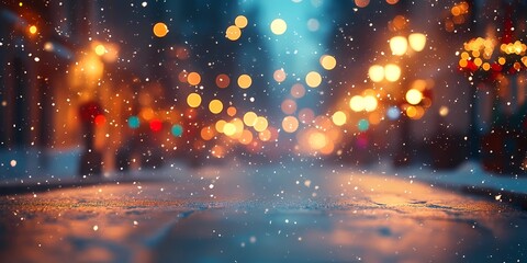 Fototapeta premium Blurred glowing lights on snowy city streets, creating a cozy wintery urban backdrop with warm and tranquil ambiance, style book illustration