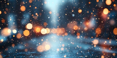 Naklejka premium Blurred glowing lights on snowy city streets, creating a cozy wintery urban backdrop with warm and tranquil ambiance, style book illustration
