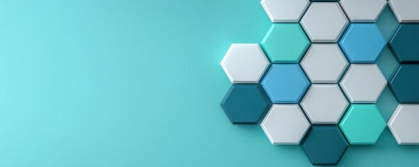 A stylish arrangement of hexagonal shapes in varying shades of blue and teal on a light background, creating a modern, geometric design.