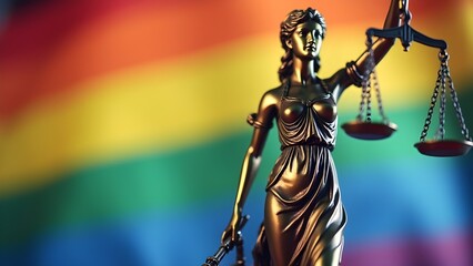 Lady Justice with Scales Against LGBTQ+ Rainbow Flag Background