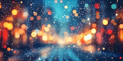 Blurred glowing lights on snowy city streets, creating a cozy wintery urban backdrop with warm and tranquil ambiance, style book illustration