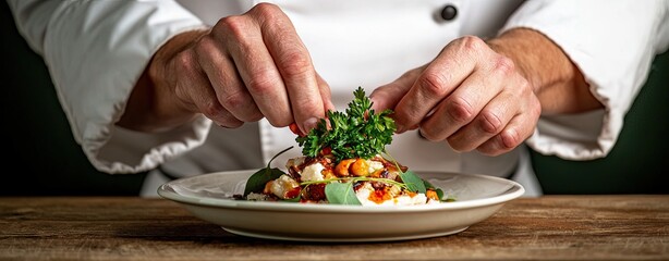 Professional Portraits of Experts in Various Industries and Fields, a macro photography image of a chef’s hands at work, garnishing a dish with intricate precision under warm, natural light