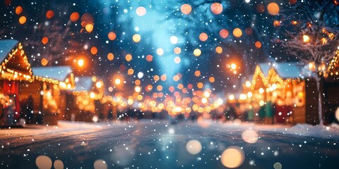 Blurred glowing lights on snowy city streets, creating a cozy wintery urban backdrop with warm and tranquil ambiance, style book illustration