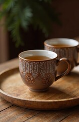 home decor inspiration in color of the year 2025 tones, tea ceremony. closeup of mocha mousse ceramic tea set with detailed patterns, arranged on natural wooden tray. minimalistic calming atmosphere
