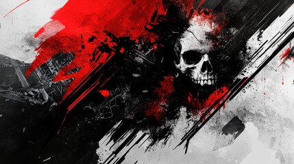 A high-contrast image with a realistic human skull against a splash of red, conveying a dark and intense mood, possibly representing concepts such as mortality or fear
