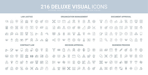 Contract, legal documents approval, law institution and business process line icon set. Organization management, structure and workforce of enterprise thin black outline symbols vector illustration