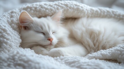 Obraz premium A cute white cat sleeping under the white soft sheet.