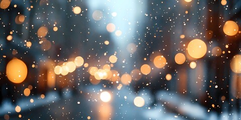 Obraz premium Blurred glowing lights on snowy city streets, creating a cozy wintery urban backdrop with warm and tranquil ambiance, style book illustration