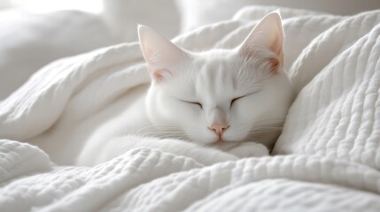 Obraz premium A cute white cat sleeping under the white soft sheet.