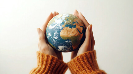Hands holding the miniature of planet Earth on white background. Earth Day, save the planet concept.	