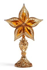 A golden trophy with a five pointed star on white background.