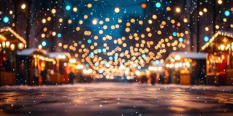 Blurred glowing lights on snowy city streets, creating a cozy wintery urban backdrop with warm and tranquil ambiance, style book illustration