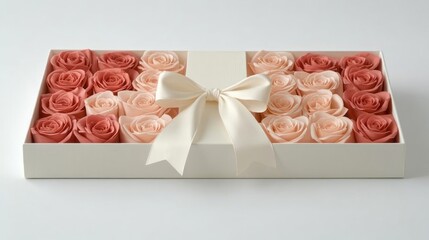 A bouquet of roses placed inside a white box with a red ribbon
