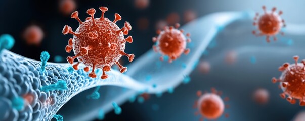 A visually striking depiction of virus particles, showcasing their intricate structures amid a dynamic, abstract background.