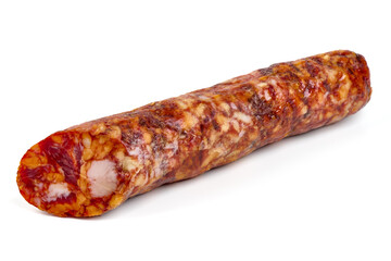 Spanish pork chorizo sausage, close-up, isolated on white background.