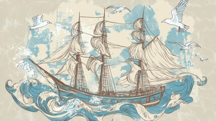 Vintage Sailing Ship Illustration: A Detailed Artistic Depiction of a Classic Seafaring Vessel