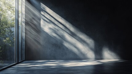 Obraz premium A sleek modern room with celestial light filtering through beams, ideal for showcasing logos, product presentations, or minimalist interior design projects.