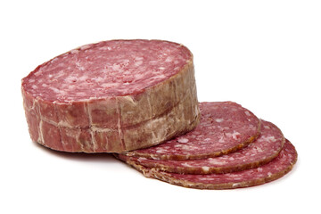 Salami smoked sausage, Traditional dry-cured Milano salami, isolated on white background. High resolution image.