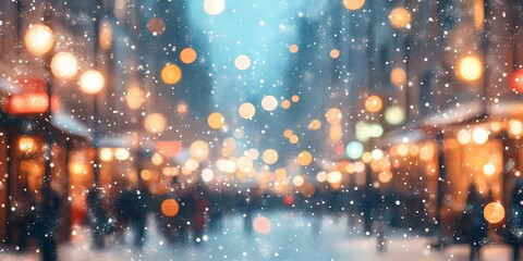 Obraz premium Softly blurred lights in a snowy cityscape creating a serene winter scene with glowing festive tones, style book illustration
