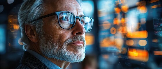 Thoughtful senior man analyzing data on digital screens in modern office environment with blurred visuals and graphs