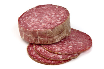 Salami smoked sausage, Traditional dry-cured Milano salami, isolated on white background. High resolution image.