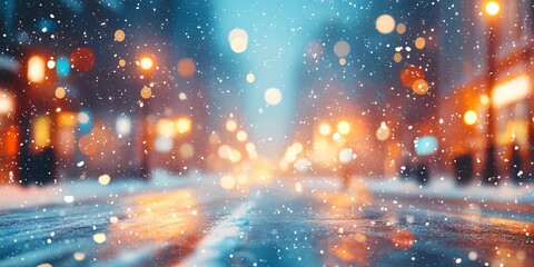 Naklejka premium Softly blurred lights in a snowy cityscape creating a serene winter scene with glowing festive tones, style book illustration