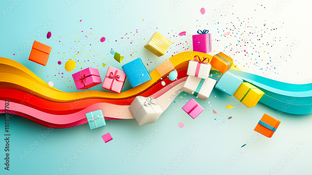Poster Gift boxes in various colors and sizes hover above a bright wavy design with confetti, creating a festive and joyful ambiance