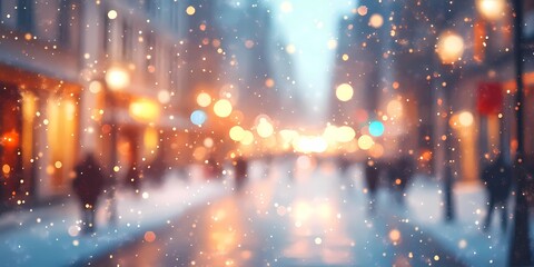 Softly blurred lights in a snowy cityscape creating a serene winter scene with glowing festive tones, style book illustration