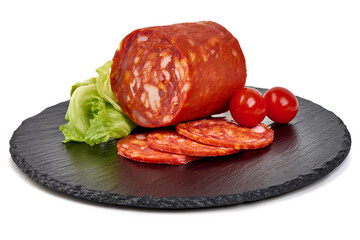 Spanish pork chorizo sausage, close-up, isolated on white background.