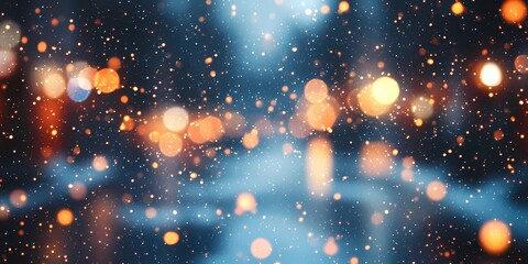 Obraz premium Softly blurred lights in a snowy cityscape creating a serene winter scene with glowing festive tones, style book illustration