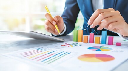 Business Professional Analyzing Colorful Graphs and Charts for Data Insights in a Bright Office Environment