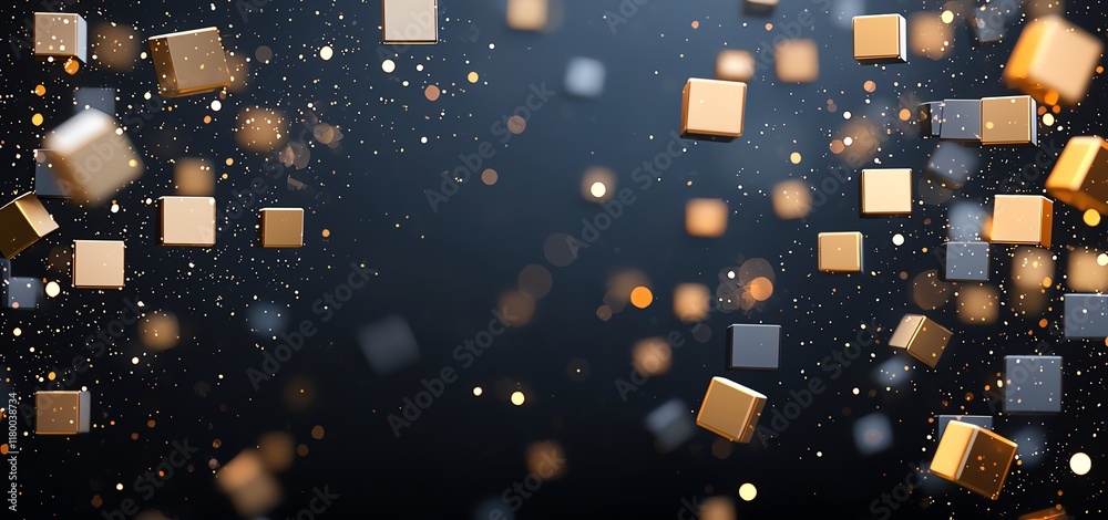 Poster an abstract background featuring falling cubes in gold and silver tones, creating a dynamic visual e