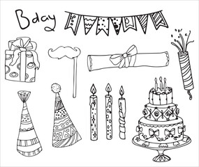 Vector doodles hand drawn birthday party staff, festive elements, funny flags, birthday decorations, simple doodles, gifts