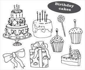 Vector doodles hand drawn birthday party staff, festive elements, funny flags, birthday decorations, simple doodles, gifts