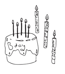 Vector doodles hand drawn birthday party staff, celebrative cupcakes with candles, birthday decorations, festive doodles