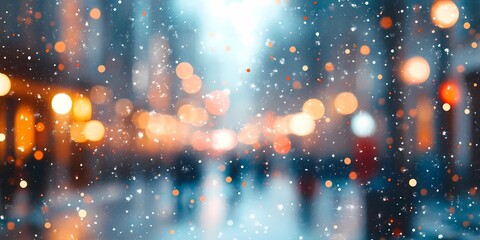 Obraz premium Softly blurred lights in a snowy cityscape creating a serene winter scene with glowing festive tones, style book illustration