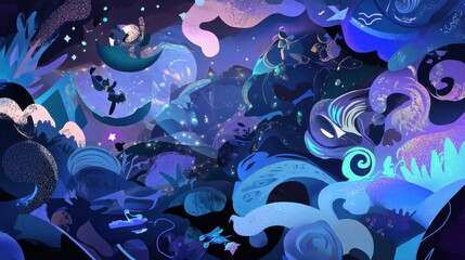 Obraz premium Abstract Night Sky Fantasy Landscape: A Dreamlike Journey Through Cosmic Realms