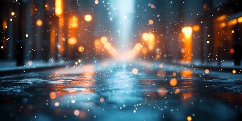 Fototapeta premium Softly blurred lights in a snowy cityscape creating a serene winter scene with glowing festive tones, style book illustration