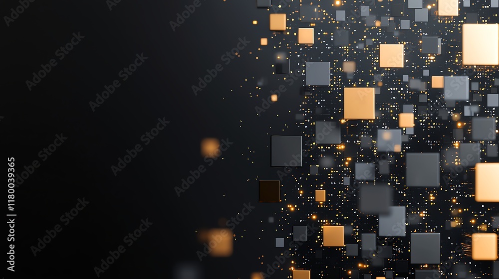 Poster a captivating abstract design featuring a dynamic array of floating squares in varying sizes and col