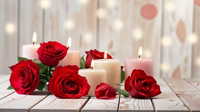 Romantic Candlelight and Roses: A serene and romantic tableau of flickering candles and crimson roses, bathed in soft light, evoking a sense of love, passion, and intimacy.