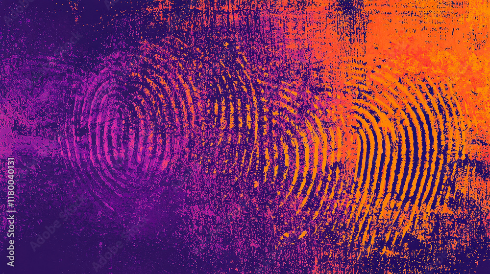 Poster fingerprint circular patterns in bold purple and orange tones, creating a striking visual contrast and texture